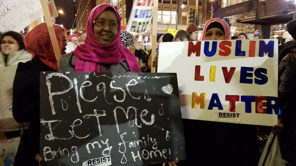 Muslim women protesting at Westlake Park seattle sunday night